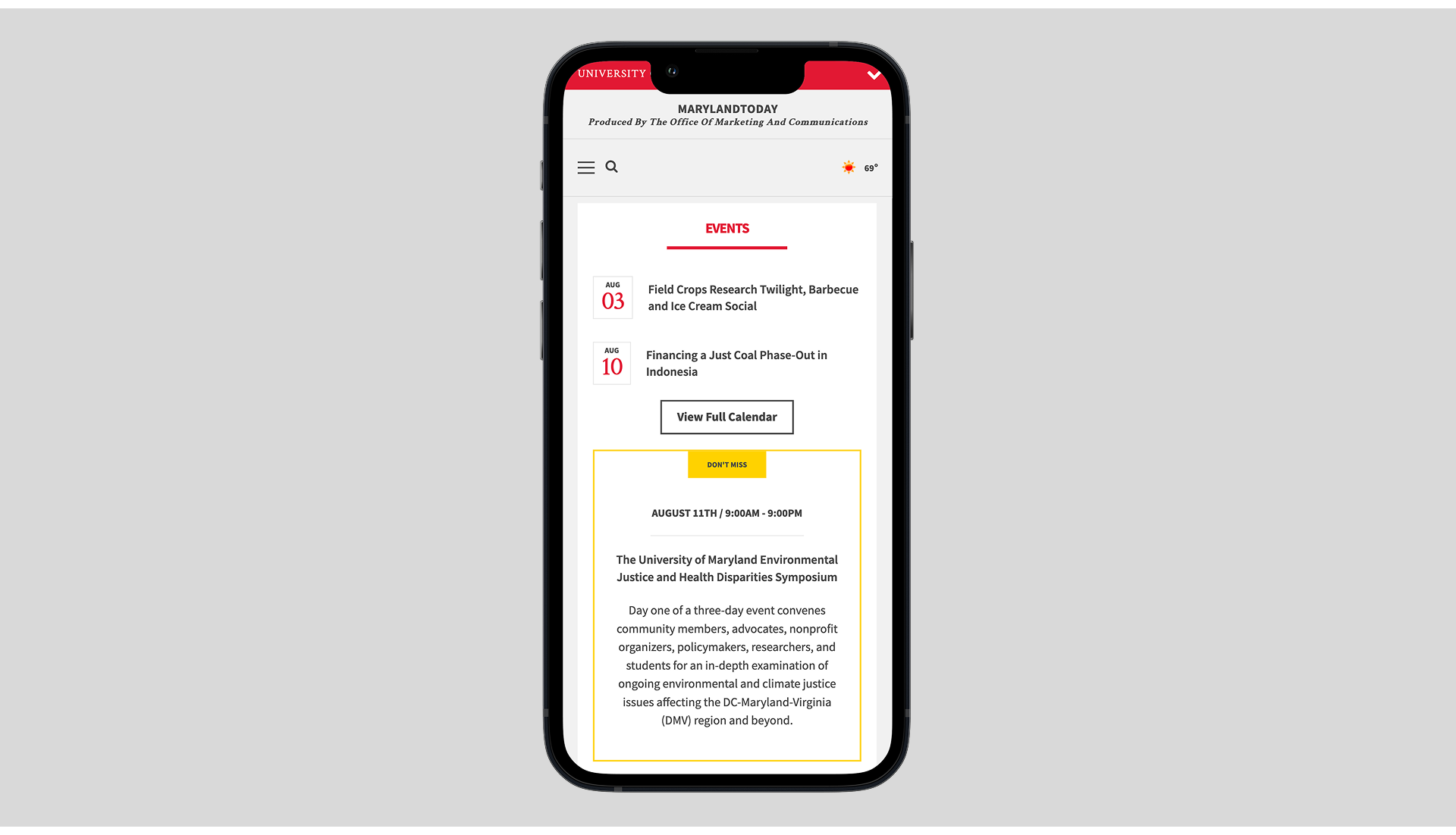 mobile view of the events screen